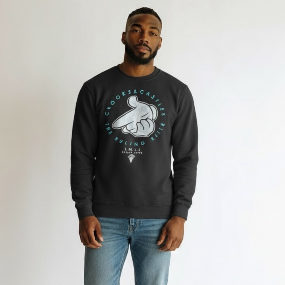 Crooks &‎ Castles Crewneck Sweatshirt Black Graphic The Ruling Elite Men’s Large
